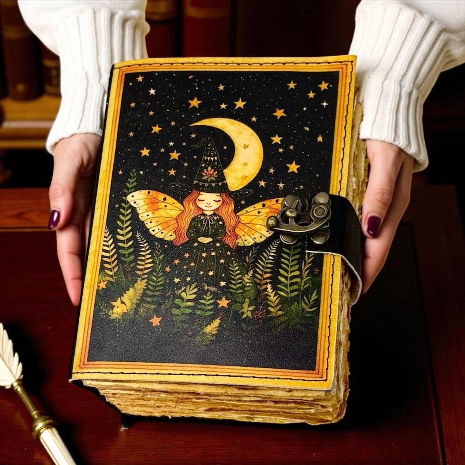 Witchy Leather Grimoire Journal – Handmade 5x7 Inch Spellbook, 200 Deckle Pages, Wiccan Pagan Notebook, Gothic Witchcraft Journal,