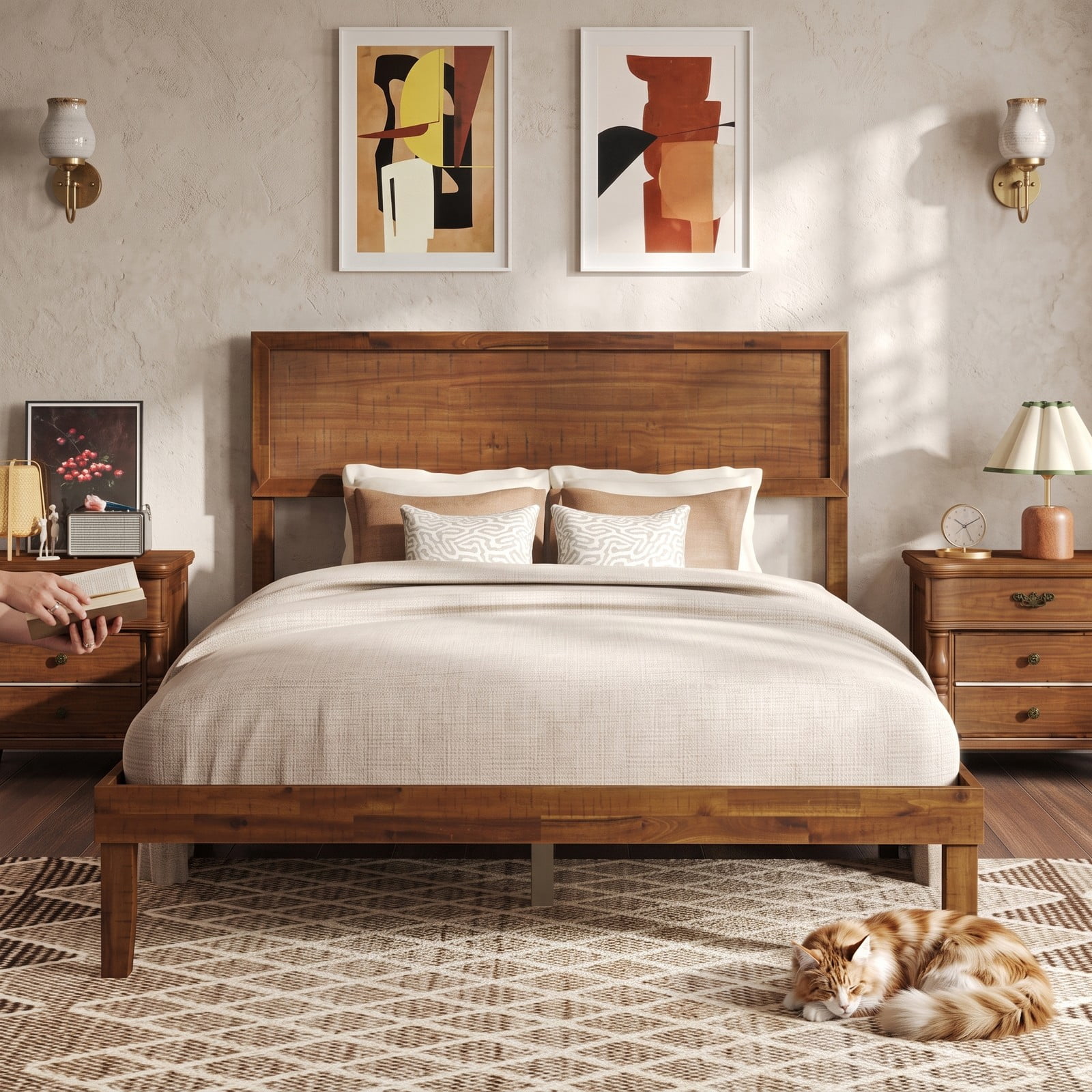 Furnibear Queen Bed Frame with Headboard, Wood Platform Bed Frame with High Panel Headboard and Wooden Slat Support for Bedroom, Walnut