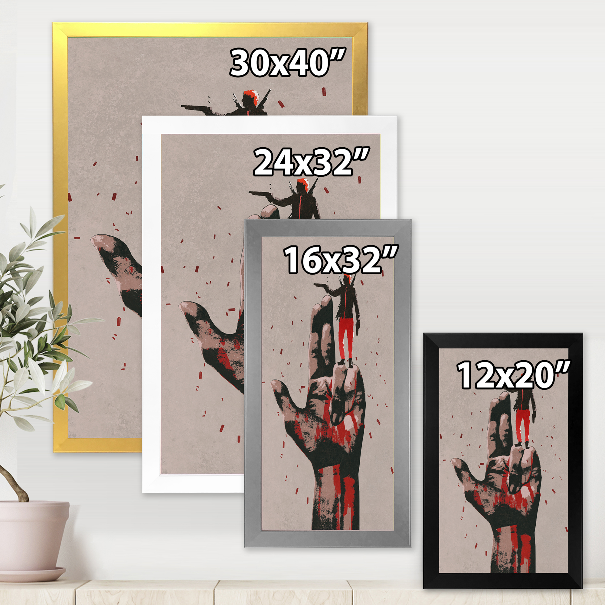 Designart 'Gun Hand Sign With Man Shooting Gun' Modern Framed Art Print