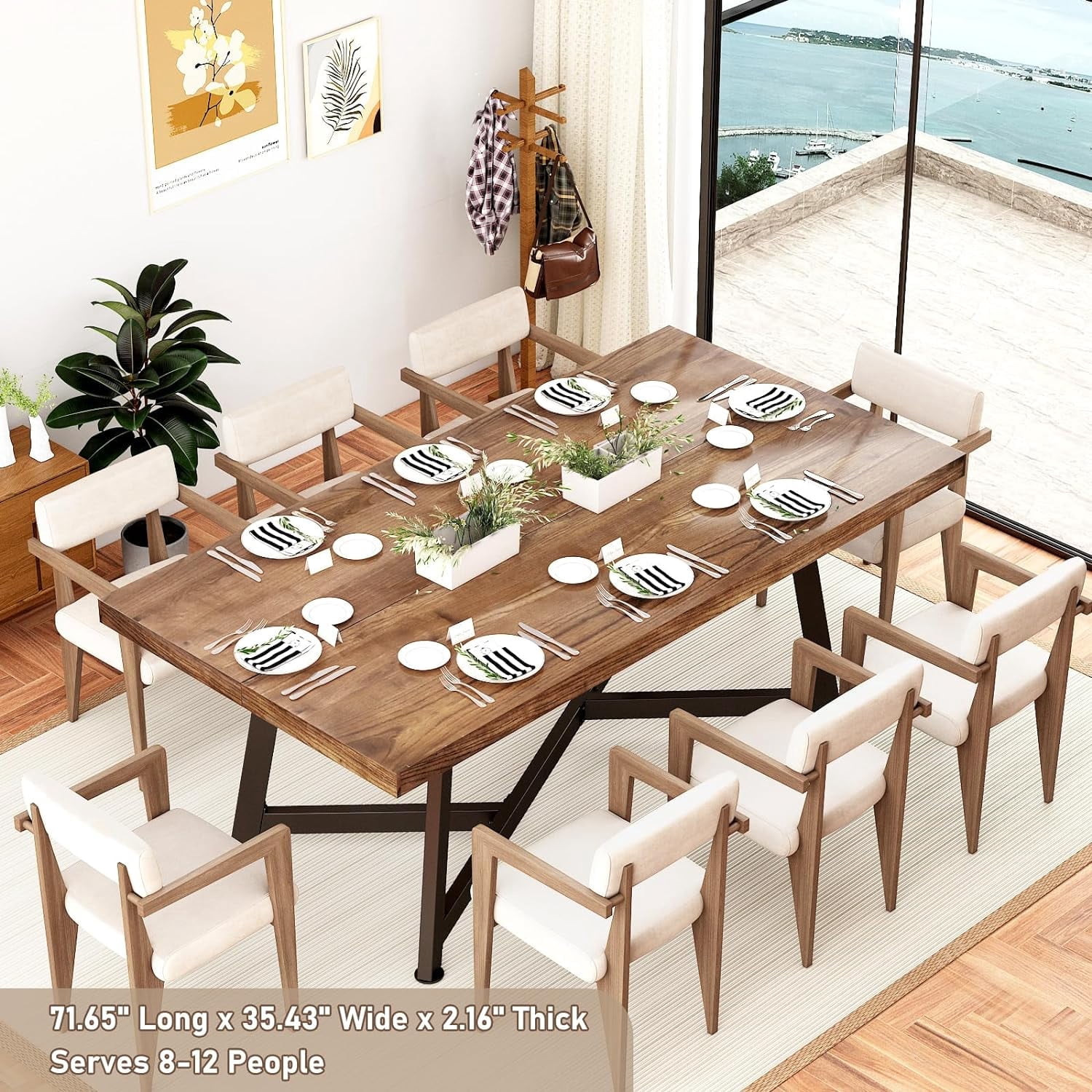 ChVans  72" Large Solid Wood Dinner Table for 4-8 Person, Modern Farmhouse Kitchen Table with Adjustable Heavy Duty Metal Leg, Rectangular Dining Table for Gathering, Kitchen, Dining Living Room