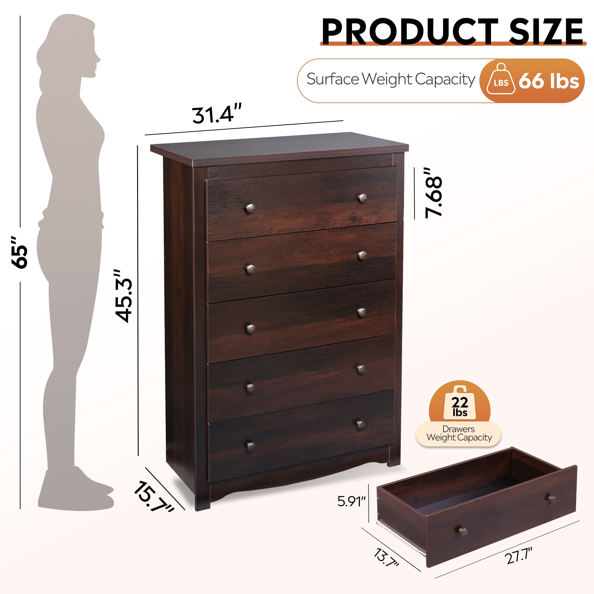 GALAXHERO 5 Drawer Dresser for Bedroom, Retro Wood Chest of Drawers, Tall Dresser with Round Metal Handle for Living Room, Hallway, Closet, Rustic Brown