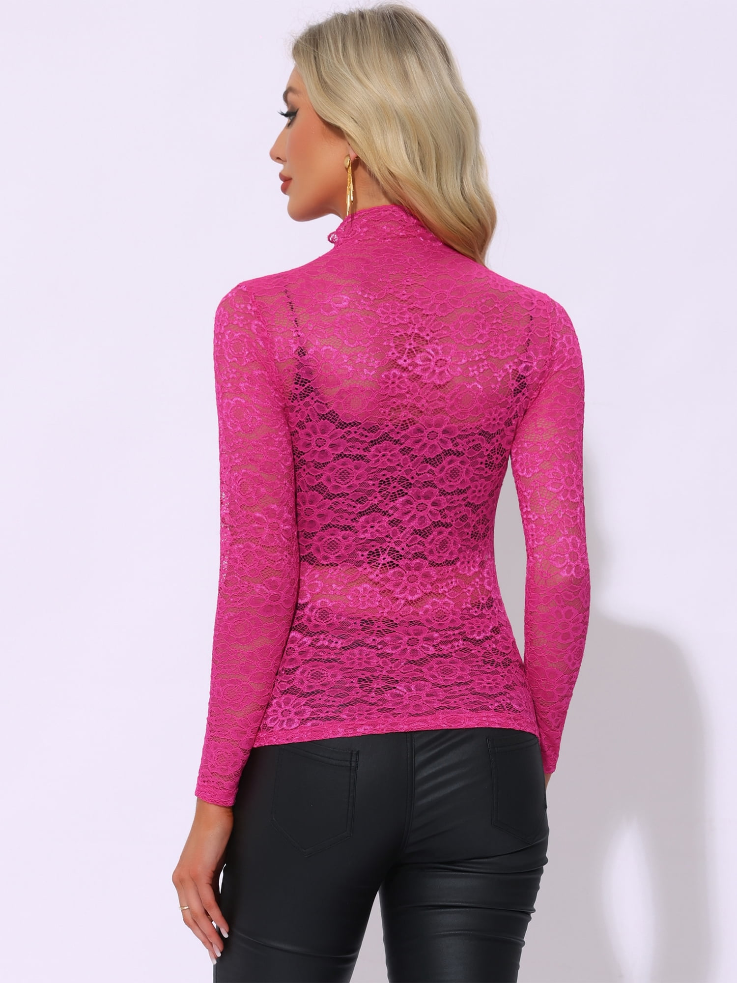 DARING DIVA Women's Long Sleeve Mock Neck Floral Lace Blouse Top S Fuchsia
