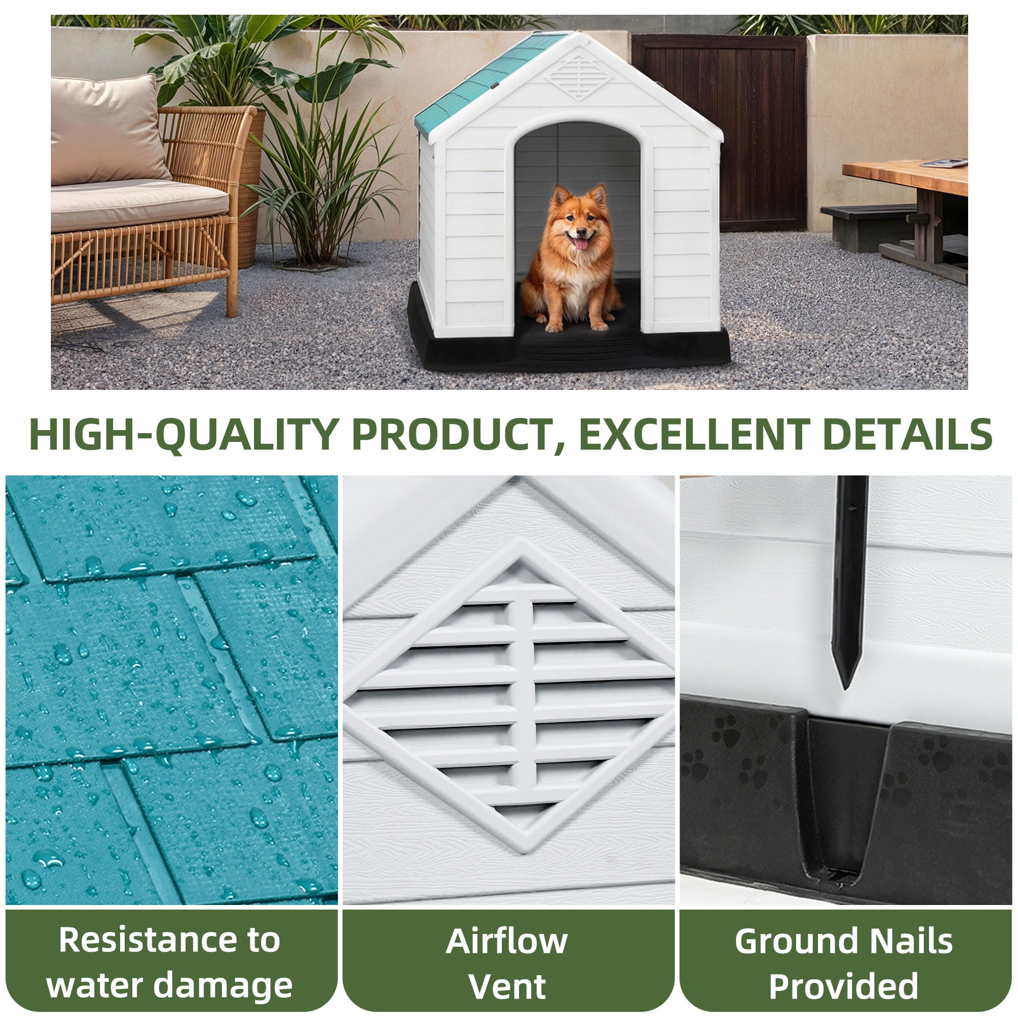 Uforic Waterproof Plastic Dog House with Air Vents and Elevated Floor, Outdoor Indoor Doghouse Puppy Shelter,Blue,28.5''Lx 26''Wx 28''H