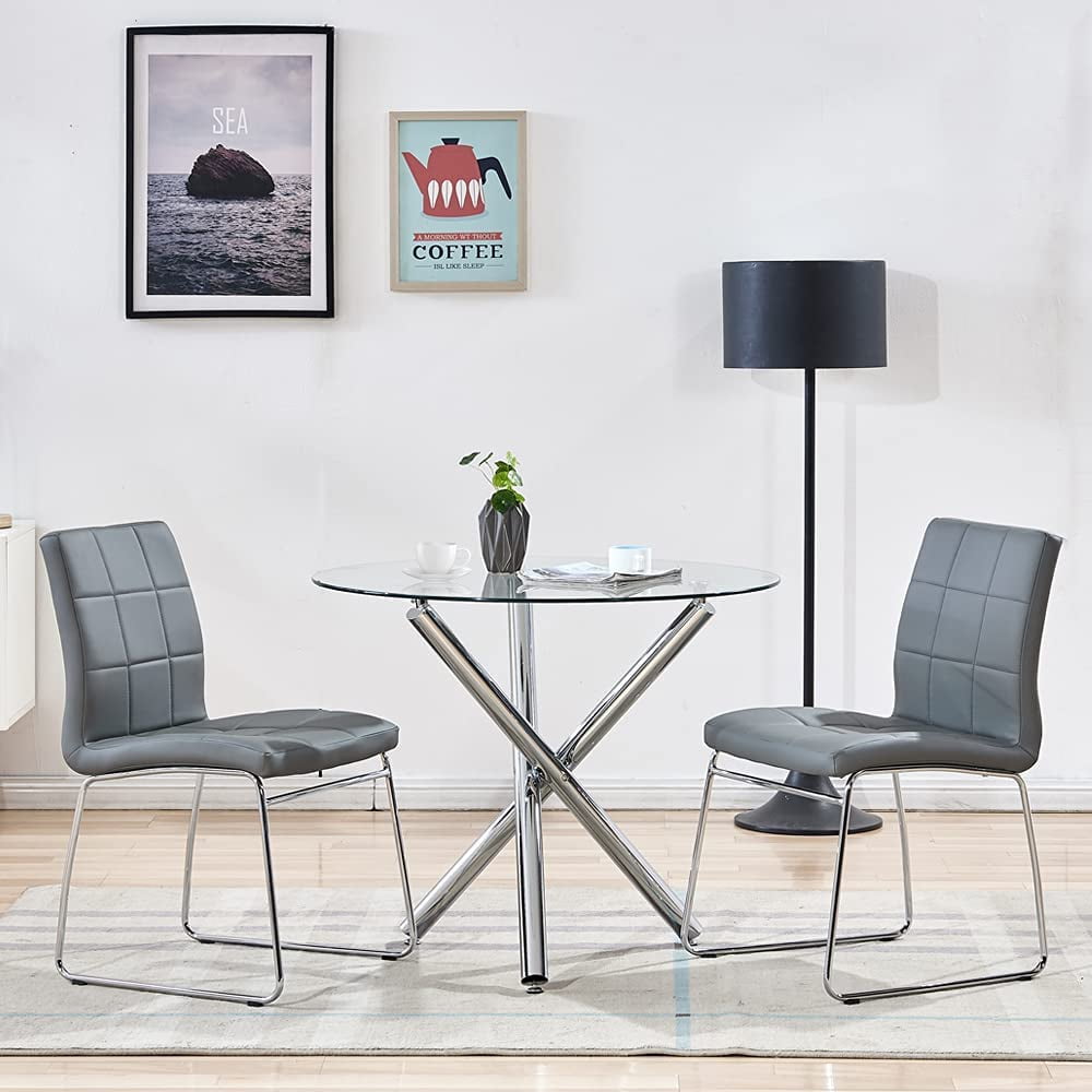 Glass Round Circle Dining Table Chrome Legs 2/4 Chairs Set Home Office Loft Seat 