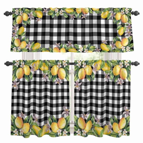 Lemon Kitchen Curtains, Kitchen Curtains and Valances Set of 3, Black Plaid Check Yellow Fruit Flower Floral Light Filtering Tailored Tier Curtain 24 Inch Length Drapes for Cafe Sink Bedroom