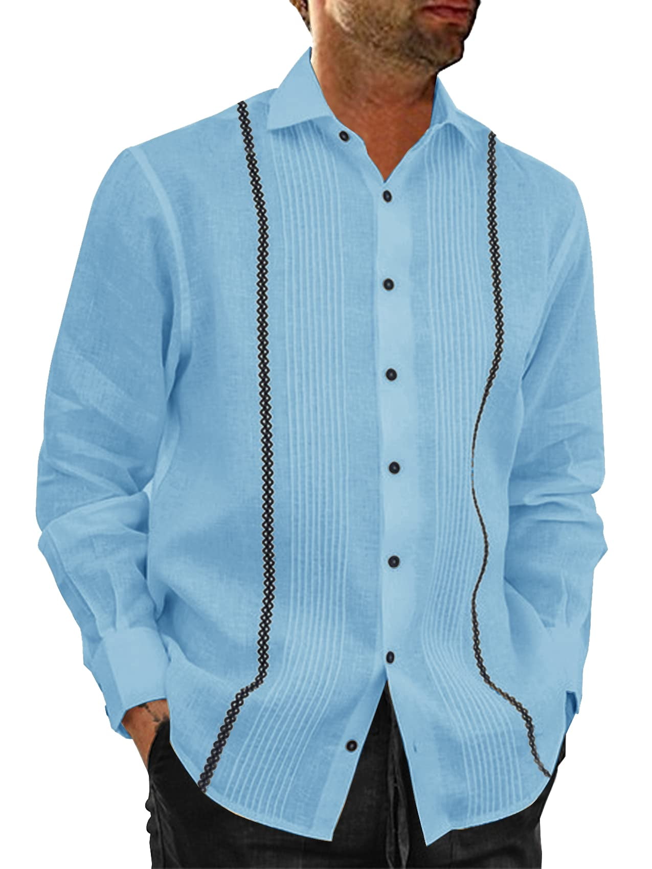 Gafeng Mens Cotton Linen Cuban Guayabera Shirts Long Sleeve Button Down ...