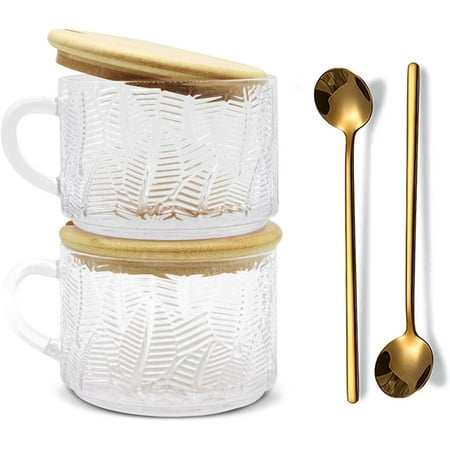 

Vintage Glass Coffee Mugs 14 Oz Set of 2 with Bamboo Lids and Spoons Embossed Glassware Tea Cups for Breakfast Dessert Cappuccino Latte Cereal Yogurt Beverage Hot/Cold Milk