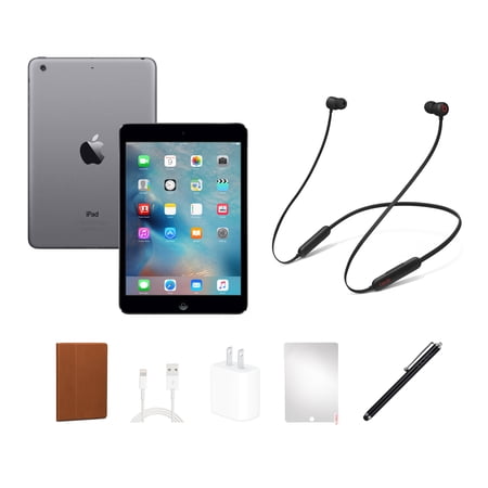 Refurbished Apple iPad Mini 3 (2014) Bundle, 16GB, Space Gray, Wi-Fi, Beats Flex, Case, Tempered Glass, Stylus Pen, Charging Accessories
