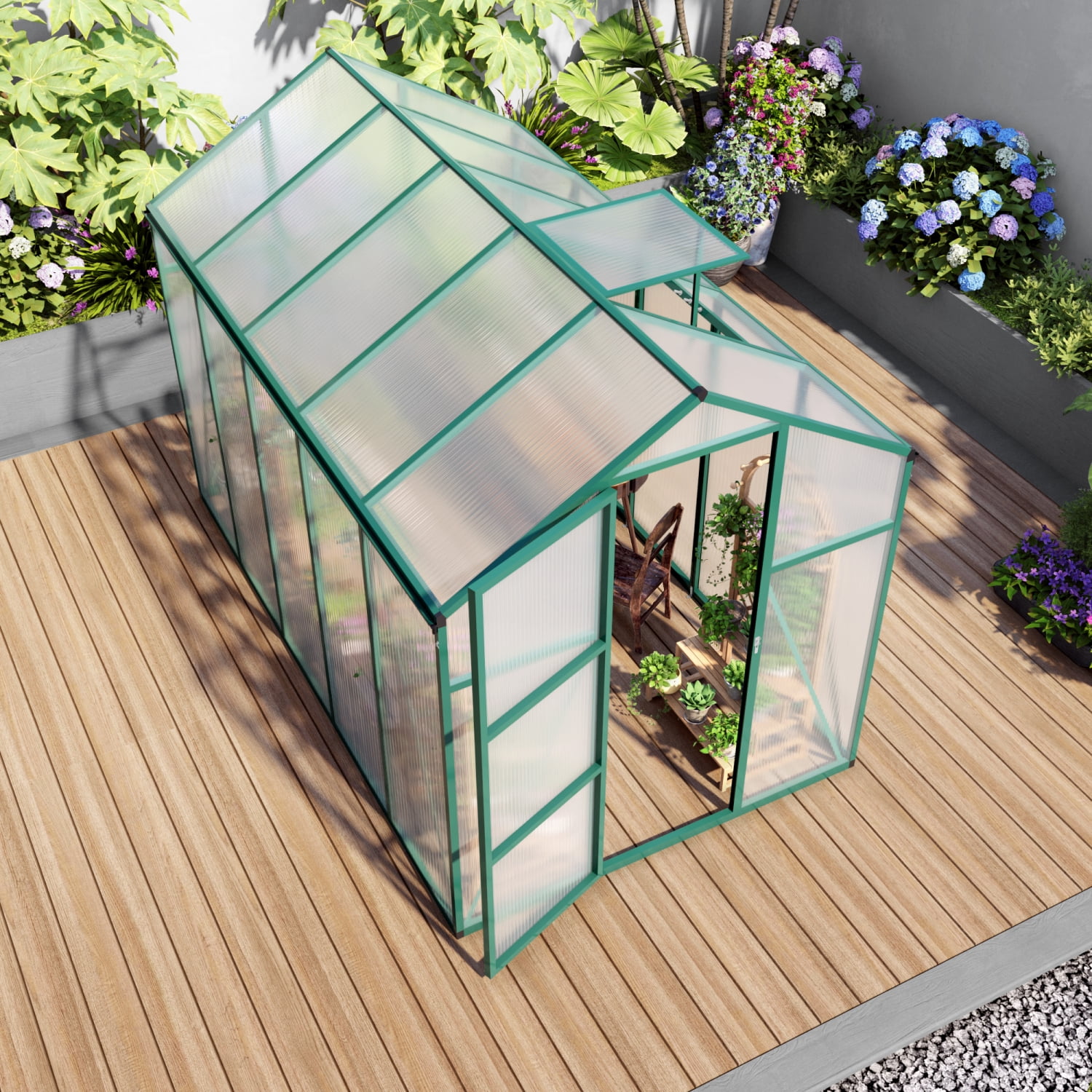 Youmumeub 6x10 Ft Polycarbonate Greenhouse with UV Protection, Spacious Walk-In Garden Hot House with Sliding Door & Vent, Aluminum Frame Plant Nursery for Backyard, Green