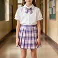 thumbnail image 4 of Coerni Girls Preppy Outfit 3PC Set Puff Sleeve Collared Shirt with Bowtie & Plaid Pleated Skirt School Uniform Clothes for 3-14Y Kids, 4 of 5