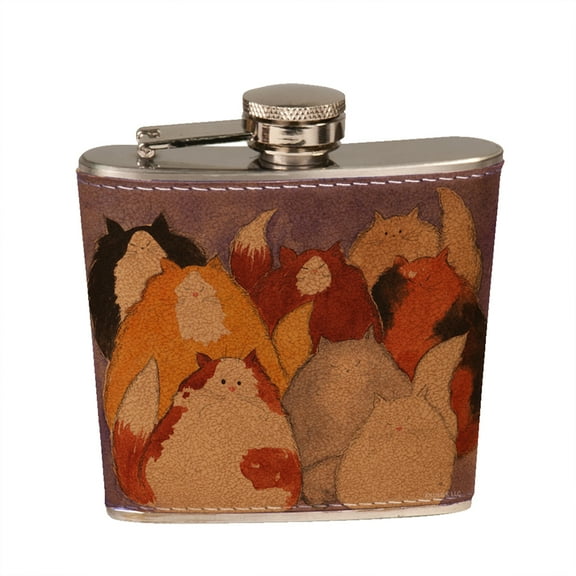 KuzmarK 6 oz. Leather Pocket Hip Liquor Flask - Eight Colorful Maine Coon Kitties Abstract Cat Art by Denise Every