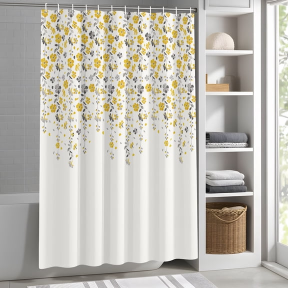 Yellow Gray Floral Shower Curtain for Bathroom, Spring Flowers Fabric Shower Curtain Set with Hooks, Waterproof Washable Bath Curtain for Bathroom Decor, 60"x72"