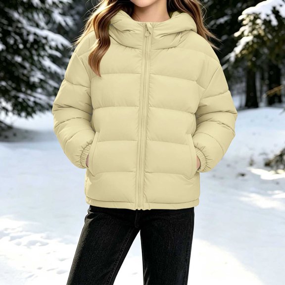 Xdegoge Girls Hooded Puffer Jacket Zip Up Quilted Winter Coat Long Sleeve Warm Thick Outerwear with Pockets Elastic Cuffs Casual Kids Cold Weather Snow Wear