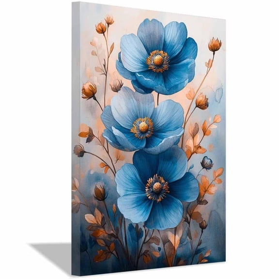 Mudket Blue and Orange Canvas Wall Art, Framed Ready to Hang, Modern Floral Wall Decor for Living Room Bedroom Office, Abstract Botanical Artwork - 12"L x 8"W