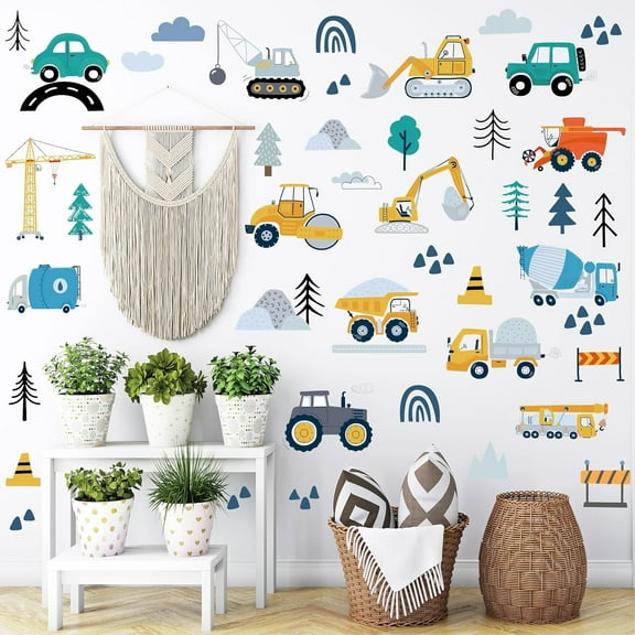 LIOUCBD Construction Vehicle Wall Decals – 90Pcs Reusable Peel and Stick Vinyl Stickers for Kids’ Room, Nursery & Playroom – Removable Truck Decoration for Boys & Toddlers