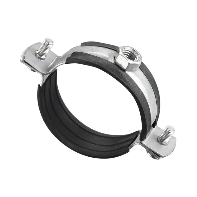 Unique Bargains 2' (50mm) Iron Wall Ceiling Mount Adjustable Pipe Bracket Clamp 5 Pack. The image shows a close-up view of a zinc-plated iron pipe bracket clamp with a 2-inch (50mm) diameter, featuring an M8 nut and rubber lining for secure grip. Designed for wall or ceiling mounting, this durable clamp is part of a 5-piece set.