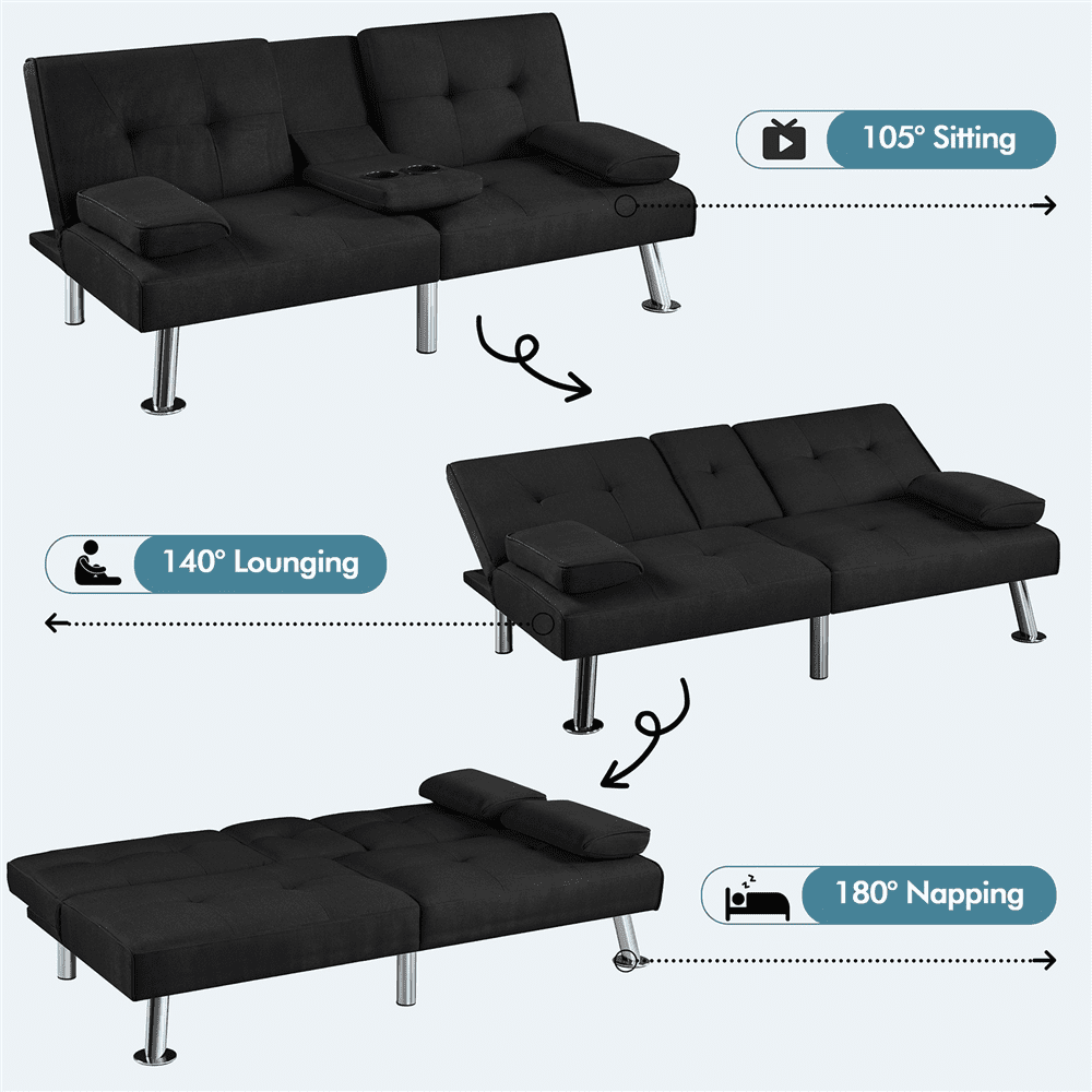 Renwick Fabric Upholstered Convertible Futon Sofa Bed with Cup Holders and Pillows, Black