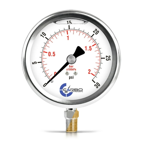 CARBO Instruments 4" Pressure Gauge, Stainless Steel Case, Chrome Plated Brass Connection, Liquid Filled, 0-30 psi/kPa, Lower Mount 1/4" NPT