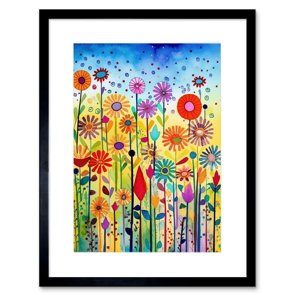 Tall Mixed Flowers Folk Art Watercolour Painting Artwork Framed Print Wall Art 9X7 Inch