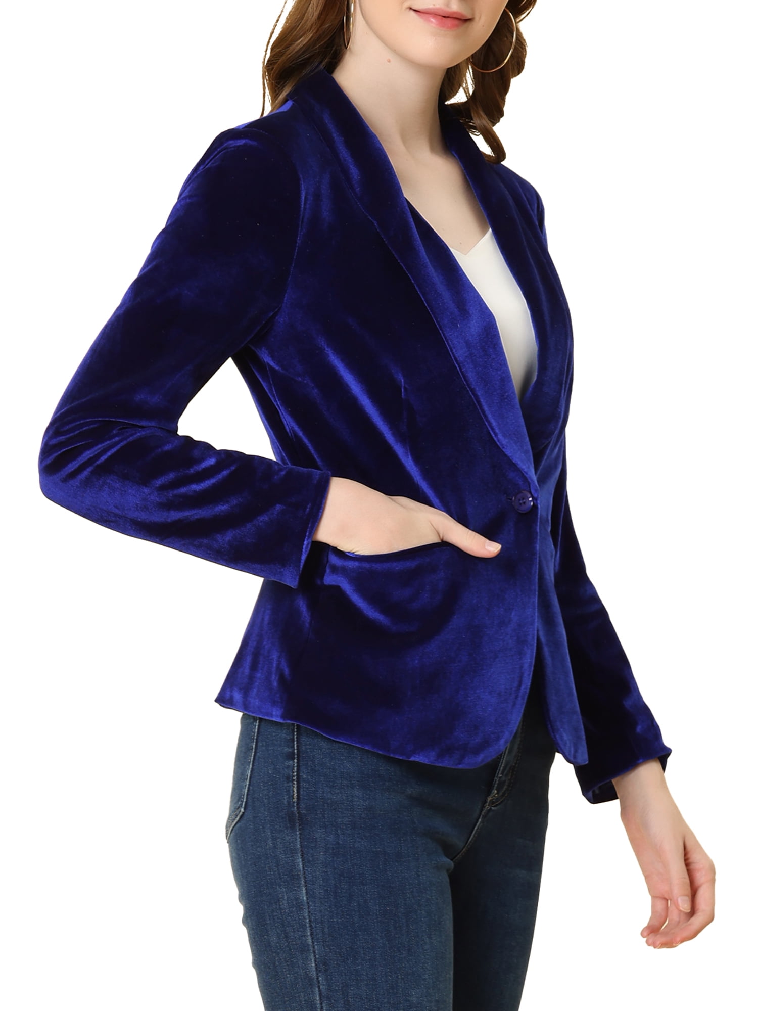 DARING DIVA Women's Velvet Office Coat Solid Shawl Collar Blazer M Royal Blue