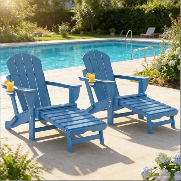Folding Adirondack Chair with Hidden Footrest & Cup Holder –Outdoor Lounger with Reclining Back, Oversized Seat, Realistic Wood Grain Finish for Patio Garden Pool