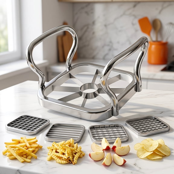 5-in-1 French Fry Maker – Stainless Steel Potato Cutter & Fruit Chipper, Vegetable Slicer with Interchangeable Blades for Cutting Strips, Petals, Wedges – Kitchen Gadget for Fries, Apples, Carrots