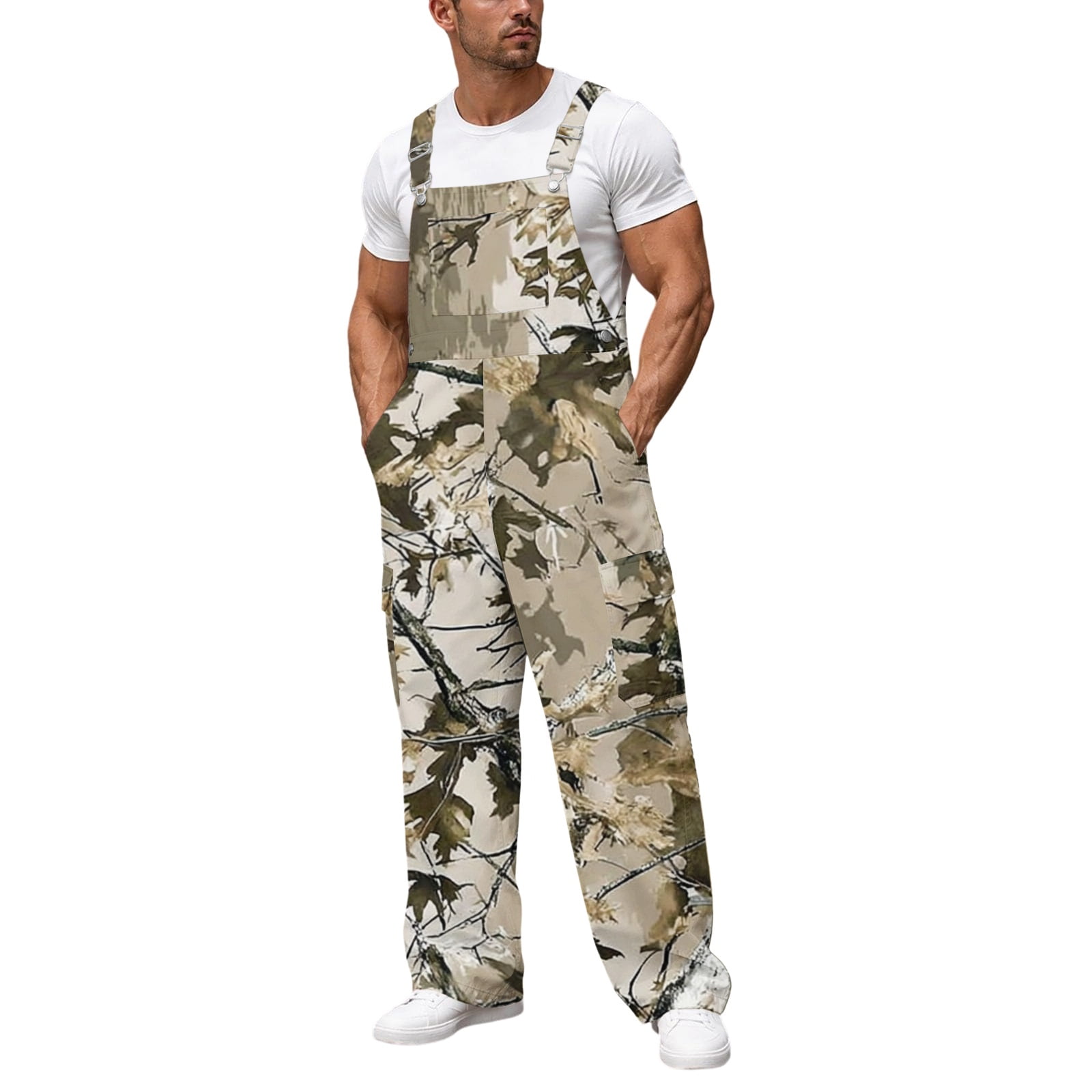 Havenx Camo Bibs Overalls for Men Adjustable Straps Decayed Leaf Print Wide Leg Overall with Cargo Pockets Camouflage Jumpsuit Loose Fit Camping Fishing Work Utility Clothes