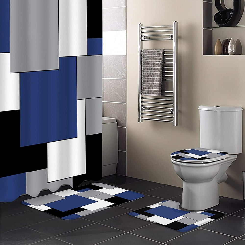Geometric Blue Shower Curtain Sets with NonSlip Rugs,Toilet Lid Cover