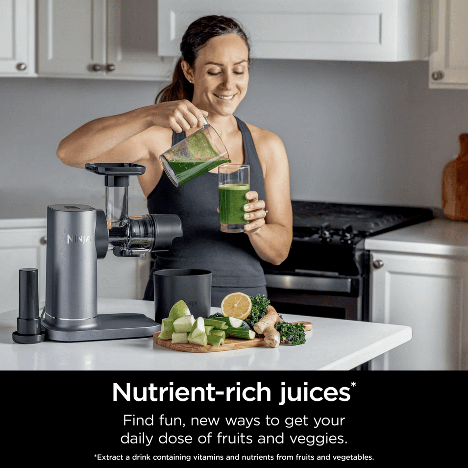Restored Ninja NeverClog 150W Cold Press Juicer with 18oz Jug, 30oz Pulp Container, 2-Speed, Compact (Certified ) (Refurbished)