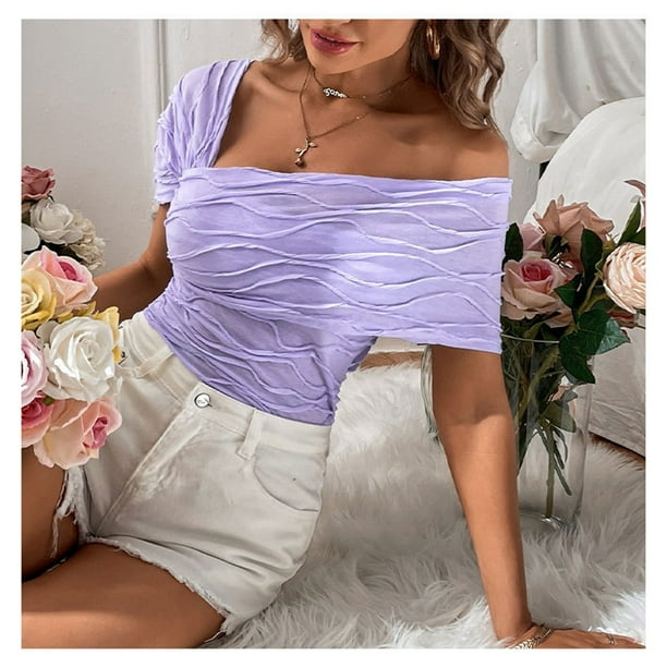 Tops de manga corta para mujer tops fruncidos ajustados con un hombro color morado puro tops de verano para mujer para fiesta compras salida lila L Walmart en linea