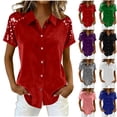 thumbnail image 5 of AherBiu Velour Tops for Women Patchwork Sequin Short Sleeve Button down Shirt Collared Lapel V Neck Vintage Dressy Casual Blouse, 5 of 6