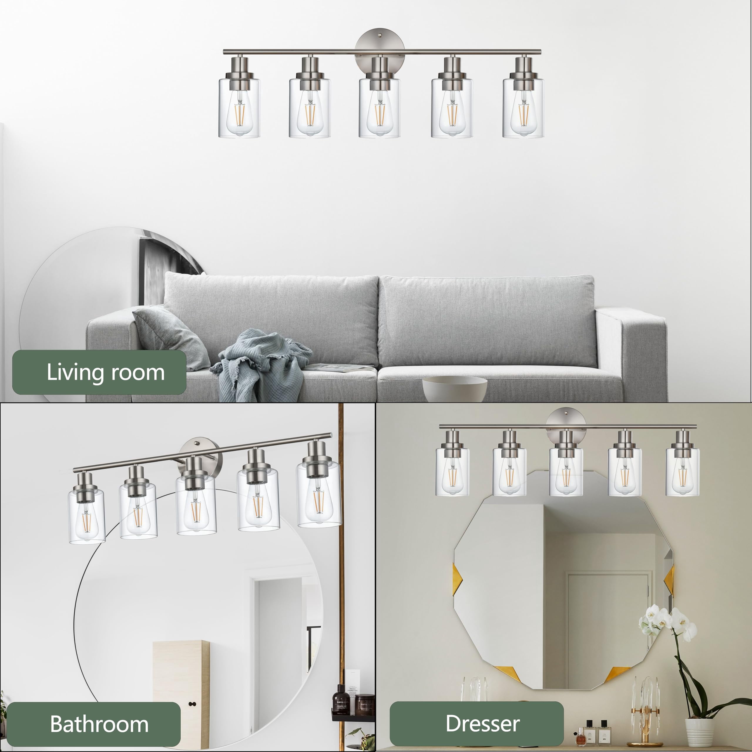 Melucee 5-light Vanity Light with Round Plate – Brushed Nickel Modern Bathroom Light Fixture, Dimmable Wall Sconce for Mirror, Bedroom, Makeup Area