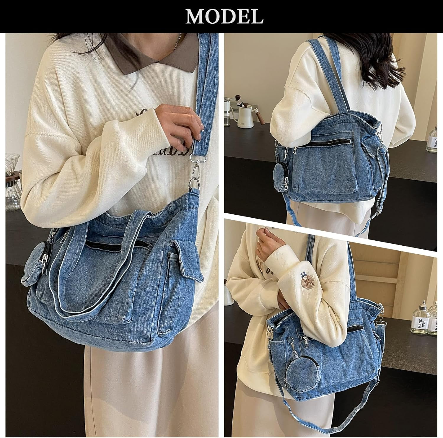 Denim Tote Bag, Large Capacity Jean Purses for Women Denim Crossbody Handbags with Small Purse