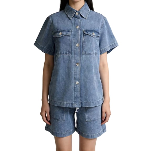 Womens Oversized Short Sleeve Denim Jackets: Trendy Cropped Jean Tops Shackets Light Blue S