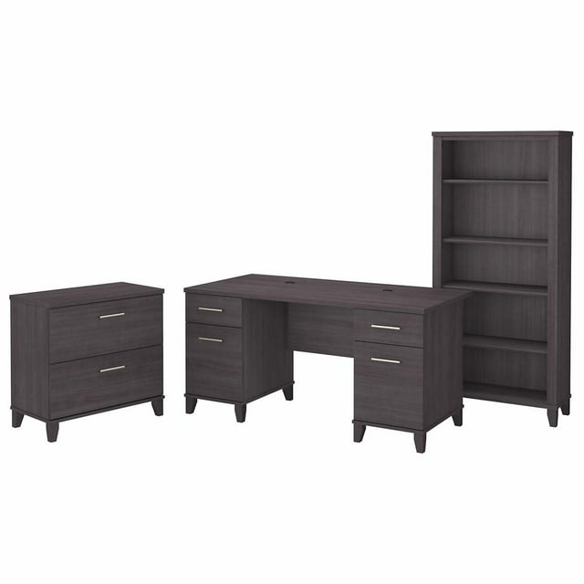 Bush Furniture 60W Office Desk with Lateral File Cabinet and 5 Shelf Bookcase Storm Gray
