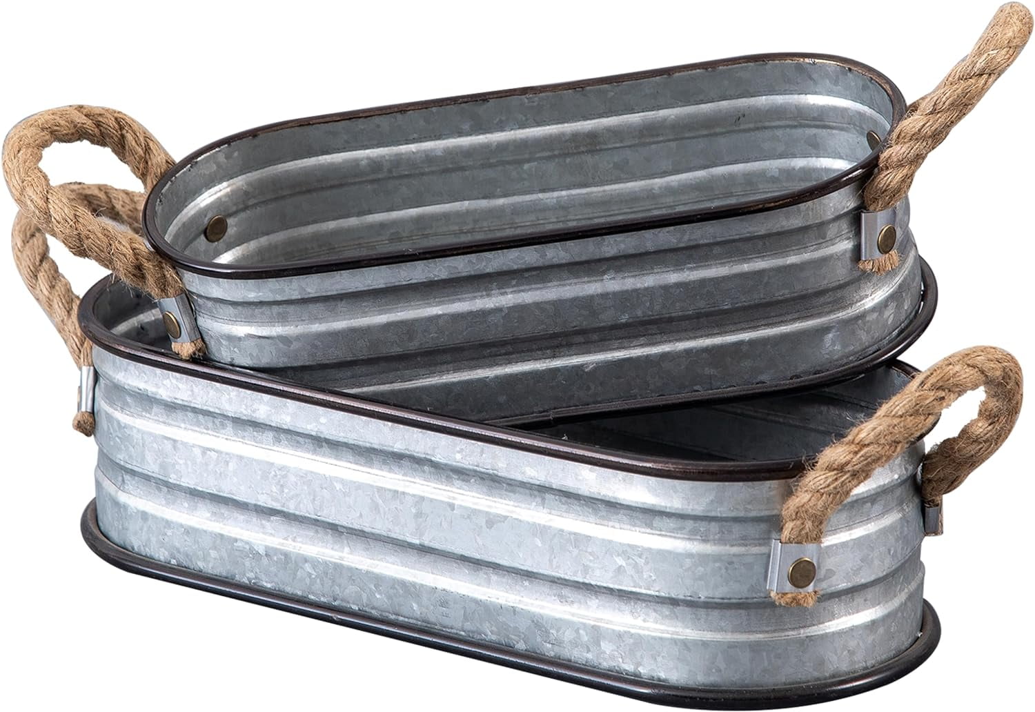 SOFE Small Oval Galvanized Planters Galvanized Bucket Set of 2, Planters for Indoor Outdoor Plants with Rope Handles, Galvanized Tub Metal Flower Pot, Farmhouse Home Decor for Outdoor Party Wedding