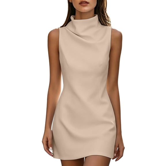 Rutainlusire Womens Summer Sleeveless Dresses Women's Solid Color Elegant High-Neck Midi Dress Beige L