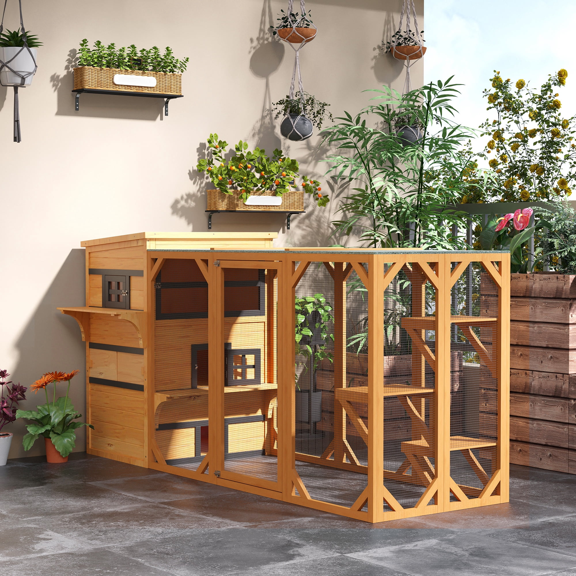 3-Story Cat House Feral Cat Shelter, Outdoor Kitten Condo with Raised Floor, Asphalt Roof, Escape Doors, Jumping Platforms, Yellow