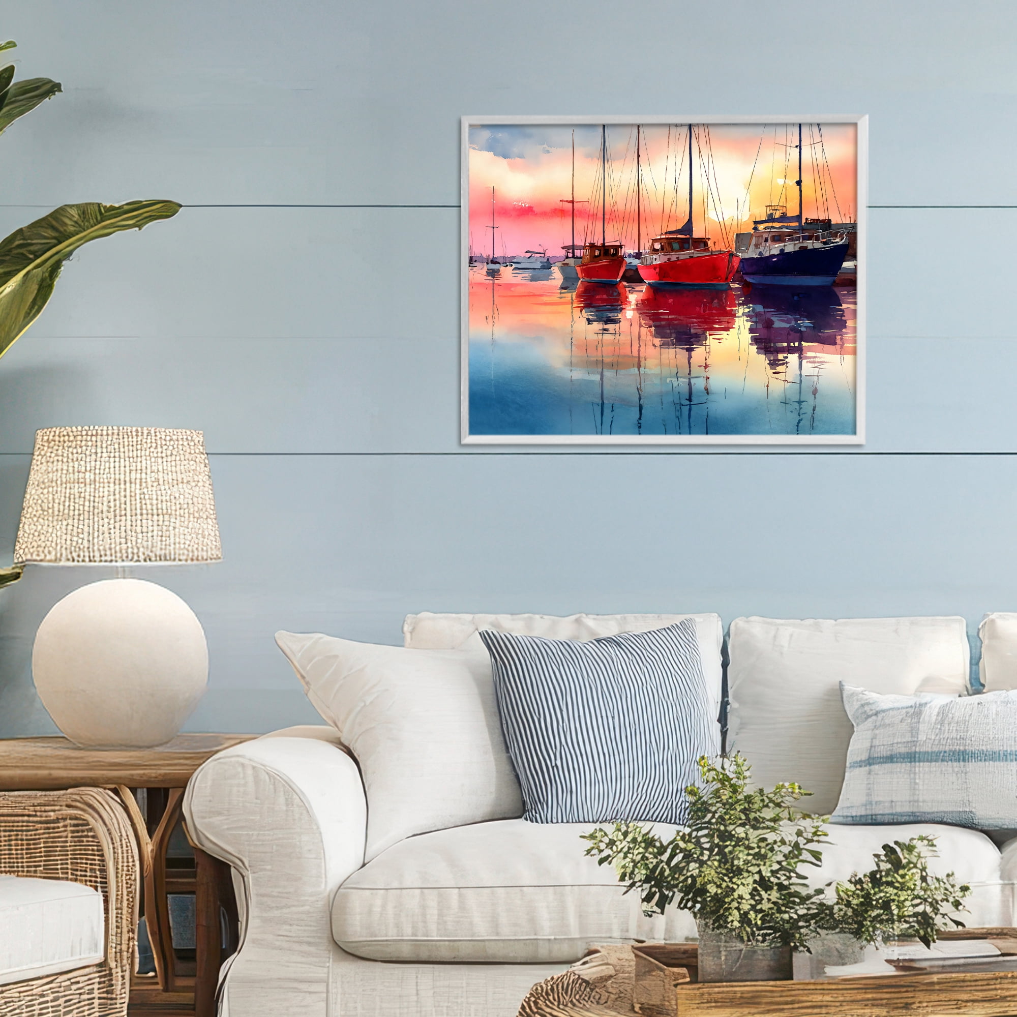 Stupell Industries Red & Blue Boats at Sunset White Framed Giclee Art, design by Franklyn Gregory