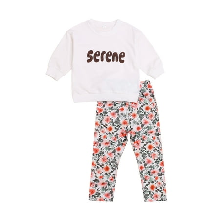 

Fiomva Little Girls Set T-shirt and Trousers Suit Fashion Letter Long Sleeve Tops and Flower Long Pants