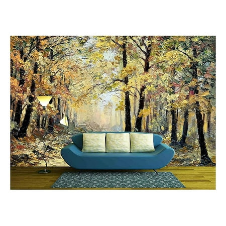wall26 - Oil Painting Landscape - Autumn Forest, Full of Fallen Leaves - Removable Wall Mural | Self-adhesive Large Wallpaper - 100x144