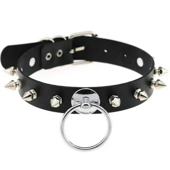 EOEMY Gothic Punk Black Pu Leather Spiked Rivet O-Ring Collar Stud Choker Necklace-Rivet Ring 43Cm