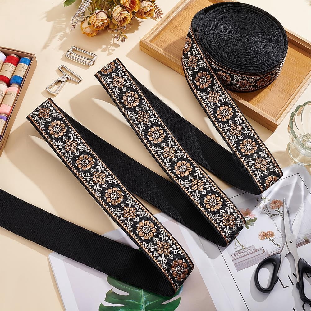 10Yards Vintage Jacquard Webbing Trim 2inch Embroidered Ribbon Boho Lace Trim Ethnic Floral Woven Trim for DIY Clothing Accessories Sewing Crafting Home Decor Khaki 1roll