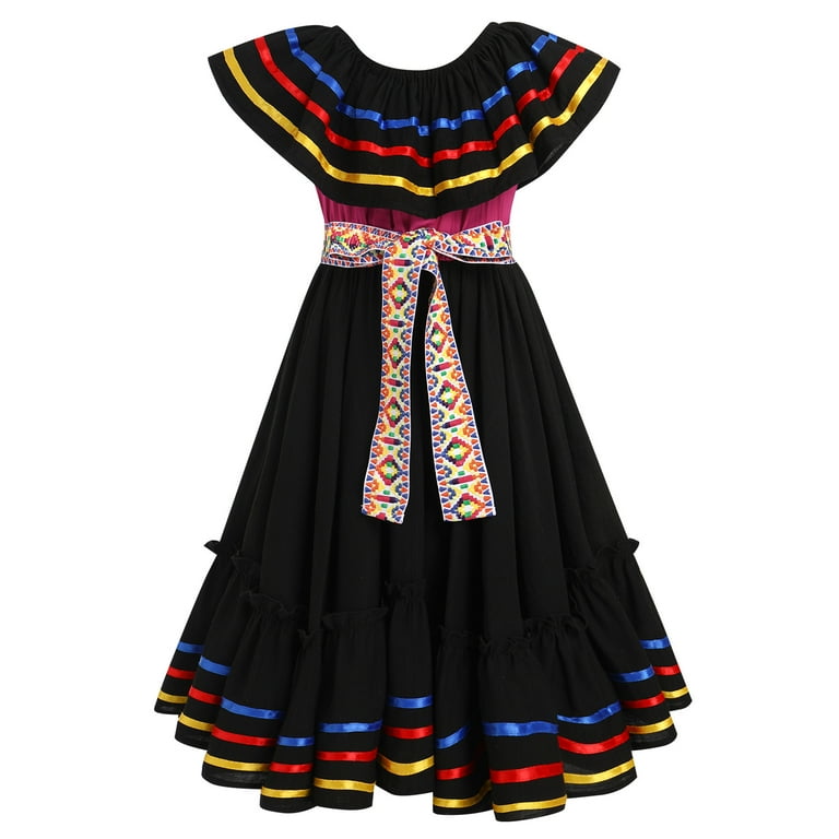IBTOM CASTLE Toddler Girls Mexican Traditional Cinco de Mayo Fiesta Dress  Rainbow Off Shoulder Folklorico Dresses 4-5 Years Black - Walmart.com