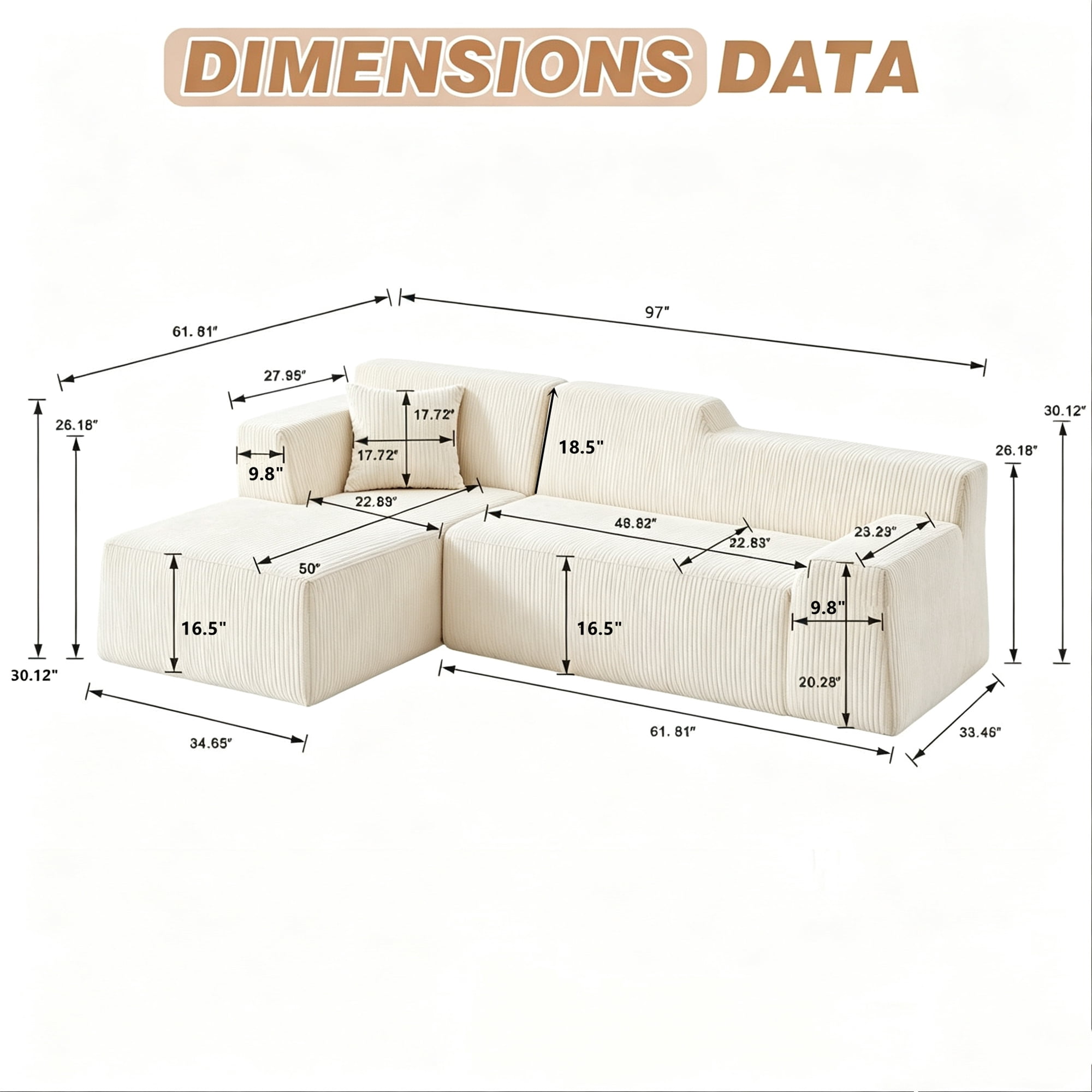 Aukfa 97" Cloud Sectional Sofa Tight Back Boneless Couch Modular L-Shaped Couch, Left Chaise Corduroy Sofa for Living Room, Beige