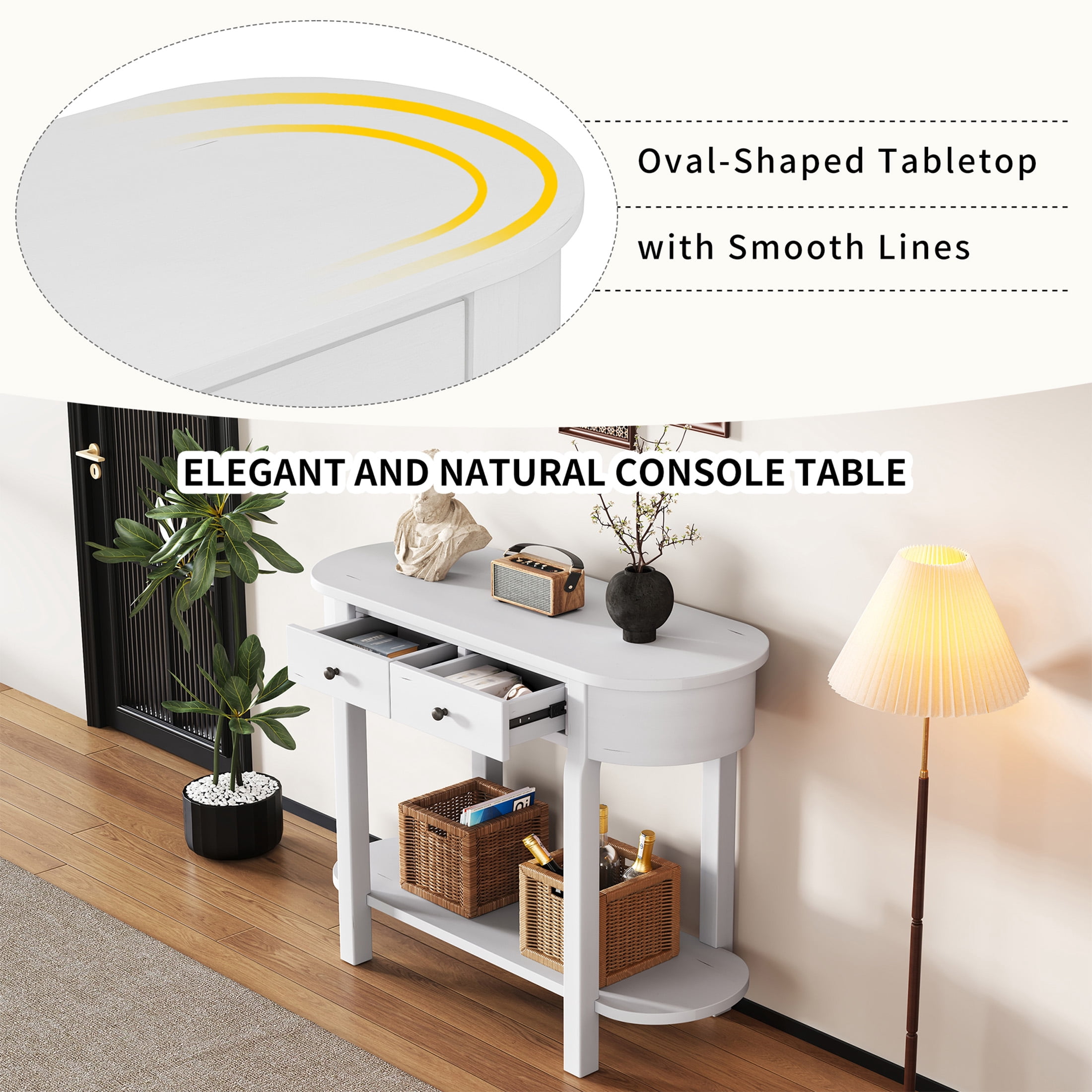 Aukfa Retro Console Table with Two Drawers and Shelf for Entryway/Living Rooms/Hallway, Oval-Shaped Tabletop, White