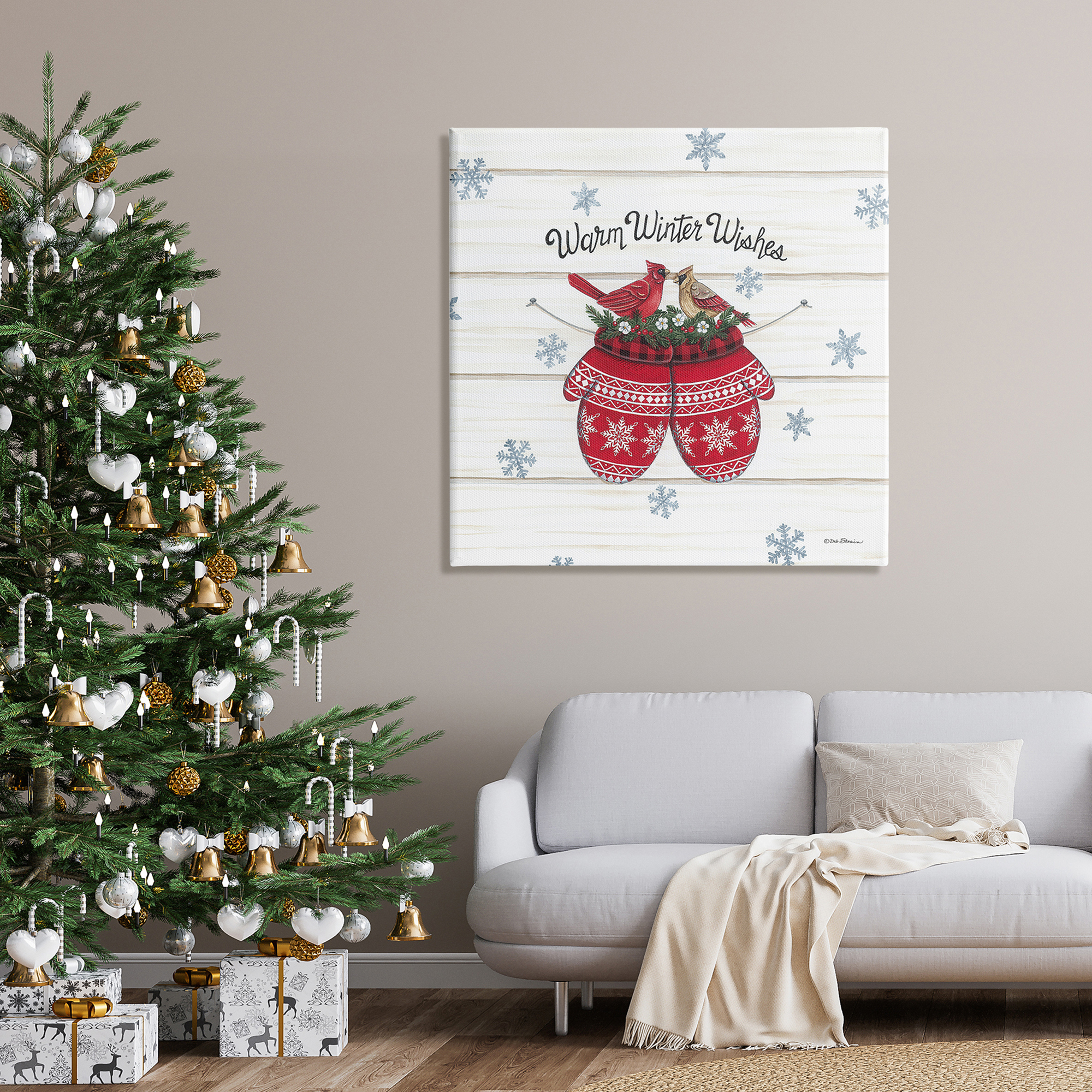 Warm Winter Wishes Cardinals Perched Festive Mittens Inspirational Graphic Art Gallery-Wrapped Canvas Print Wall Art
