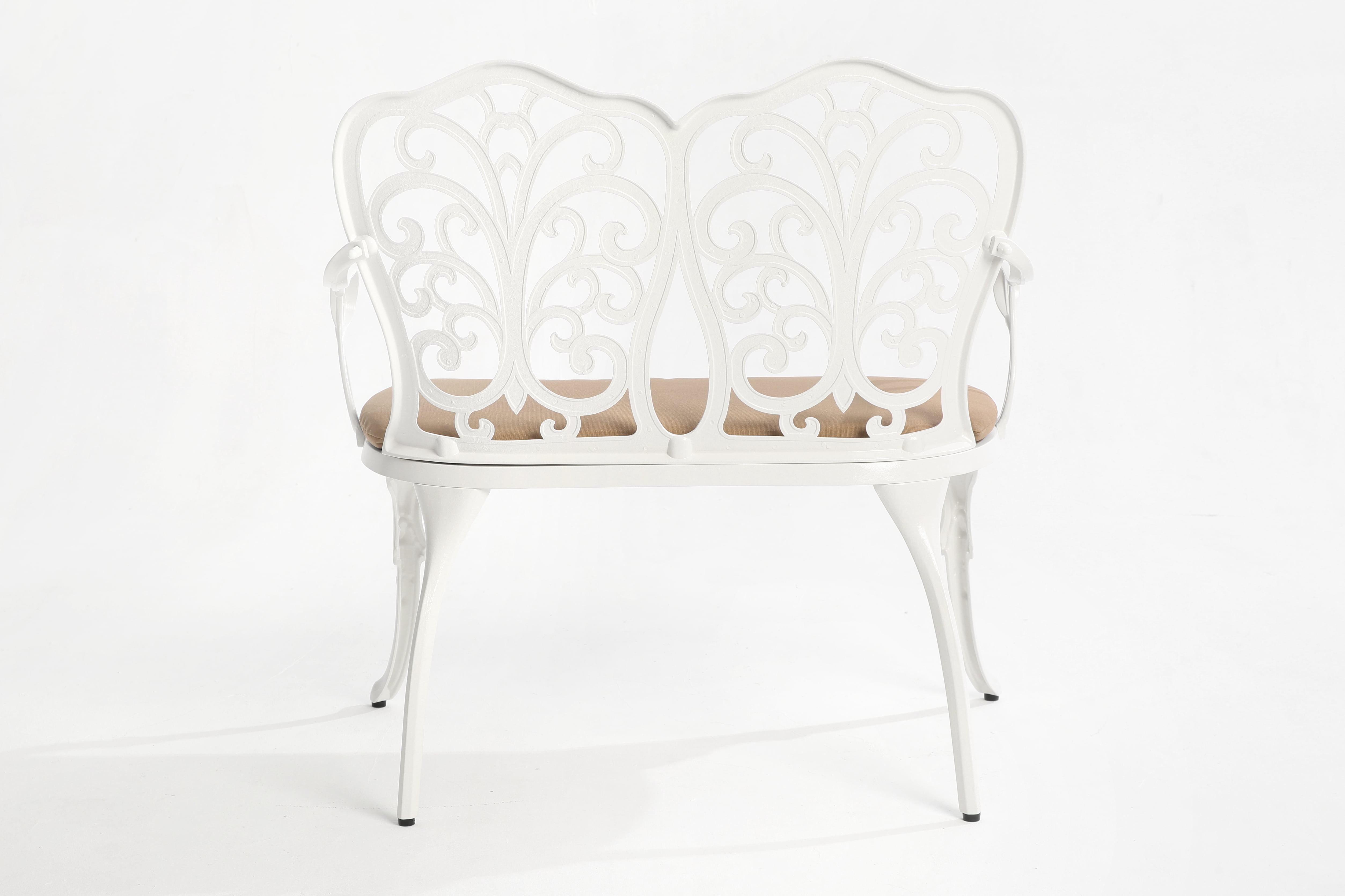 Cast Aluminum Outdoor Bench with Floral Rose Backrest and Cushion, Weather-Resistant Park Bench for Patio and Garden, White