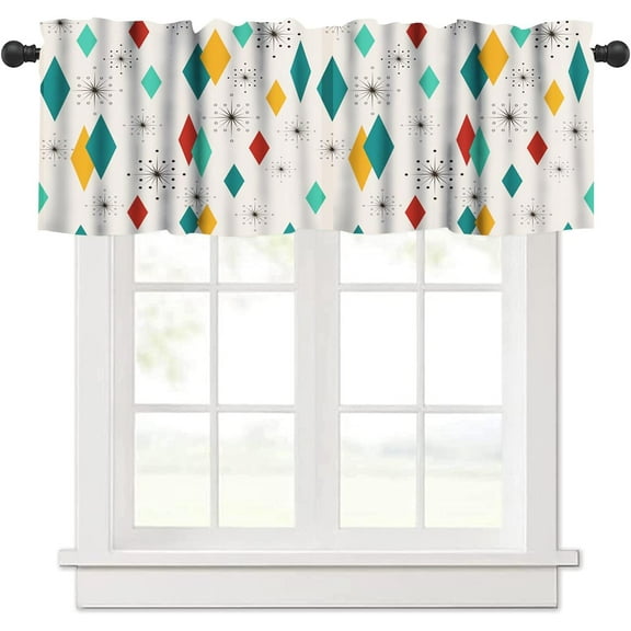 Mid Century Kitchen Valance, 1970s Geometric Modern Atomic Pattern Retro Small Window Treatments for Kitchen Living Room Bathroom Cafe Decor Rod Pocket 54x18 Inch, 1 Panel