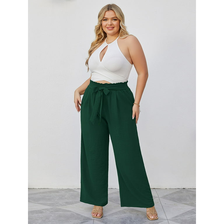 Chiclily Women's Belted Wide Leg Pants with Pockets Lightweight High Waisted  Adjustable Tie Knot Loose Trousers Flowy Summer Beach Lounge Pants, US Size  XL in Dark Green 